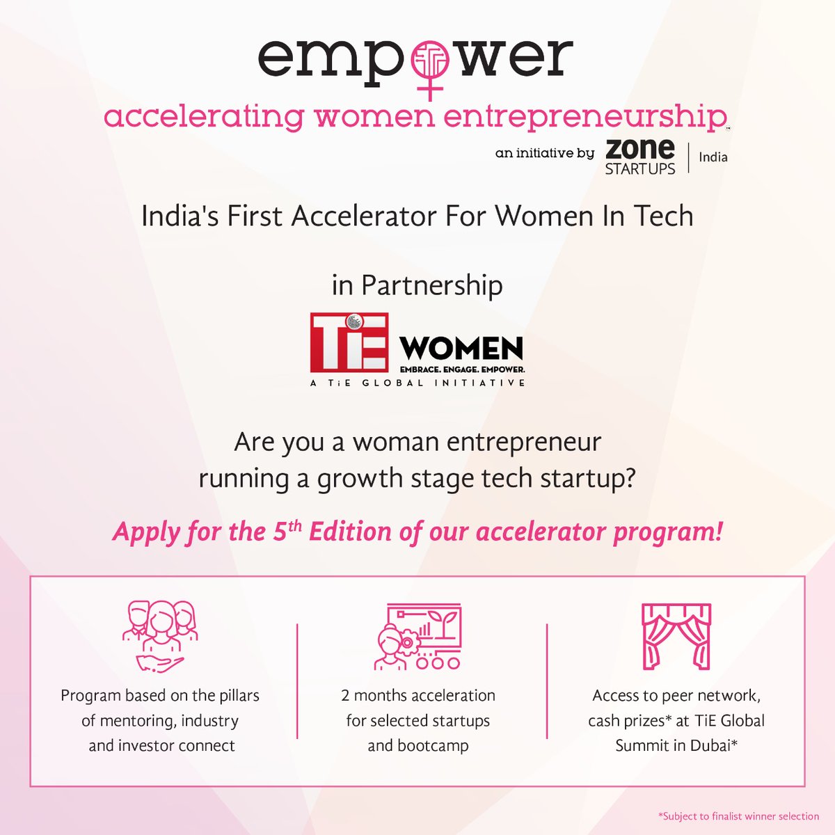 empoWer launches its 5th edition in partnership with TiE Women. Followed by a 2-month acceleration with the best-in-class training &amp; connects, Demo Day for the winners representing TiE chapters will take place at the TiE Global Summit in Dubai this year.
empower.zone
