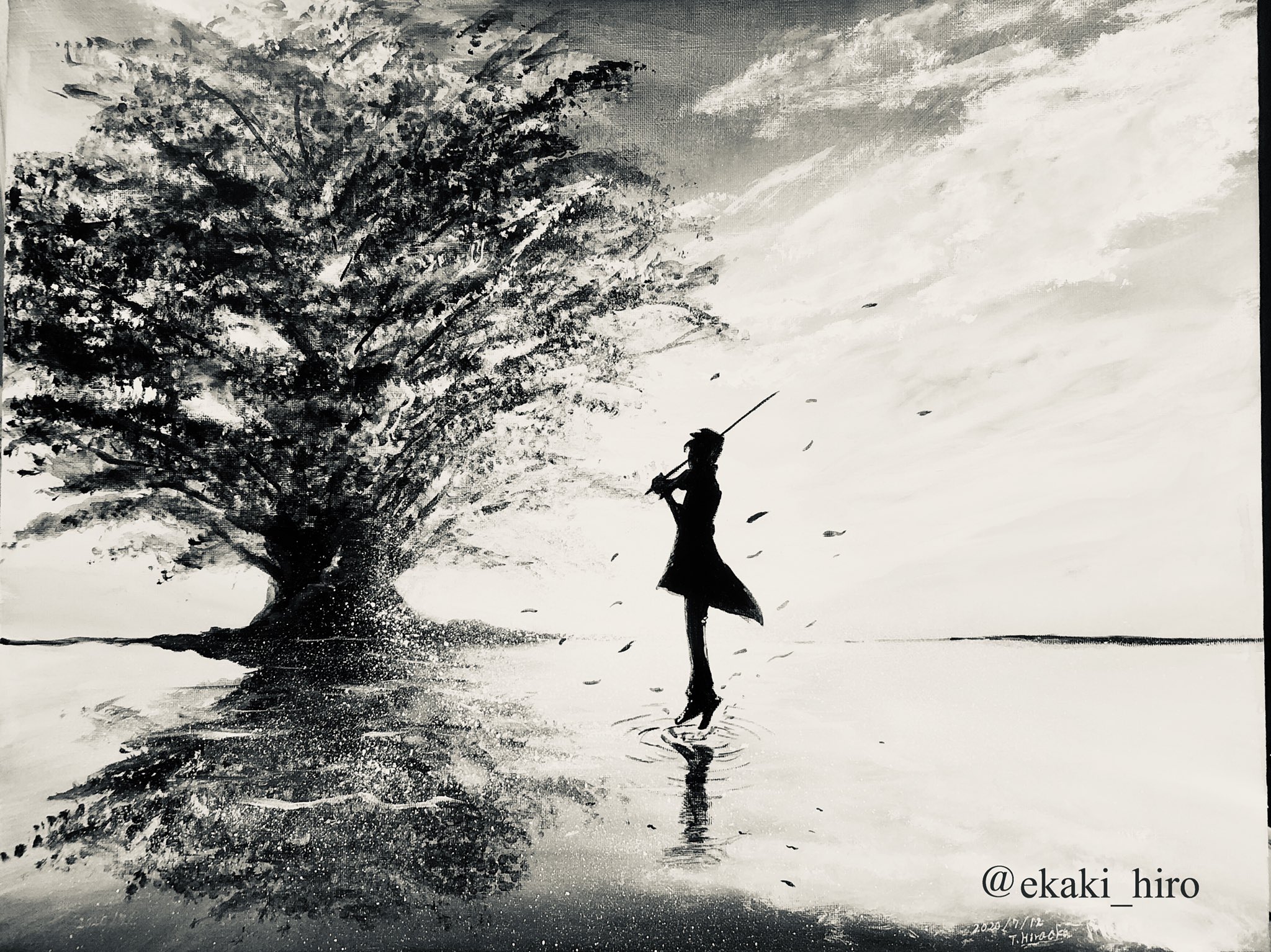 絵かきのヒロ 今日のお絵描き 既に描いた作品をアプリを使ってモノクロ写真にしてみた 高嶋英輔さん Violineisuke の 大樹と風 木霊 雷音 をモノクロにしてみた 以外といいかも 今日のお絵描き モノクロ楽曲イメージイラスト 高嶋英輔