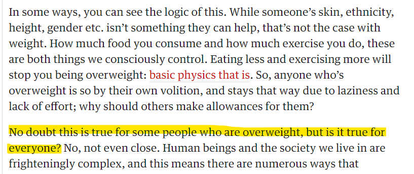 Then there's this line, which I really regret now. Yes, it's arguably inevitable that it's 'true'. That was no doubt my thinking. But... why include it? To what purpose? In an article condemning fat shaming, why essentially say "Although sometimes it's valid"?/6