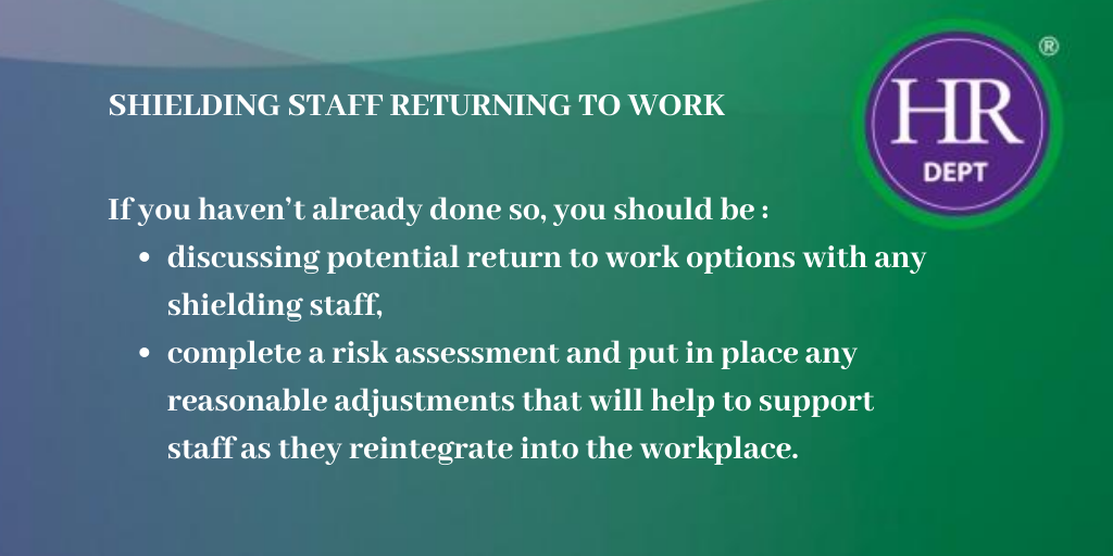 hrdept_erica's tweet photo. A reminder that the Government’s shielding support package ends on 31 July 2020.

Employers are expected to behave sensitively &amp; reasonably towards vulnerable staff in this situation. 

We can help you to support your staff returning to work.

 #HRsupport #COVID19 #shielding https://t.co/dtYoXOJ3EL