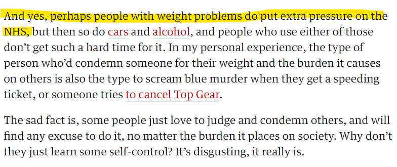 But then we get to one of my signature snark-ish endings, and there's this againI'm basically mocking people who fat shame, but with the caveat "Being overweight is bad, though". In hindsight, I'm seriously hampering my own efforts. Why? So frustrating/8