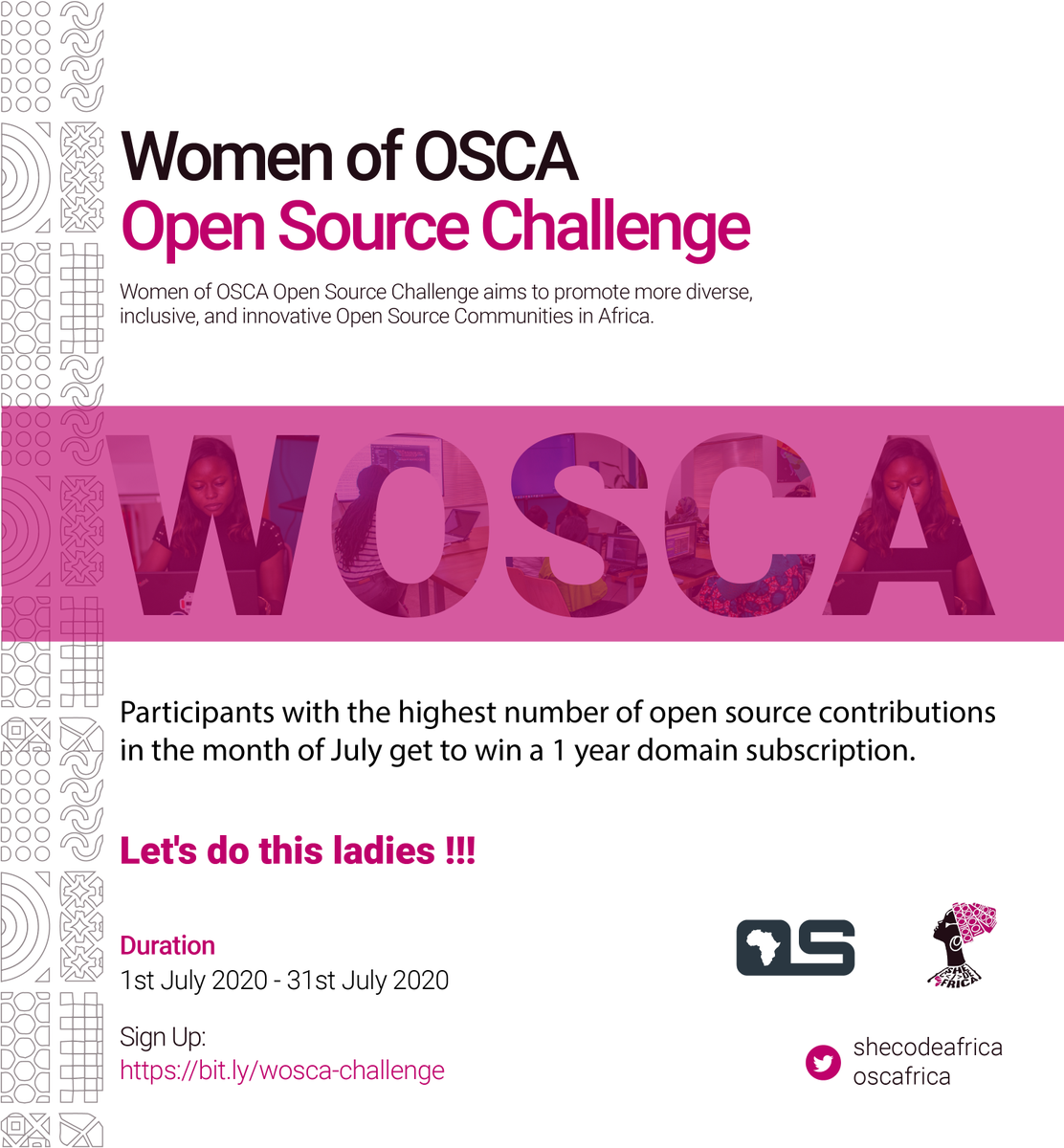 SheCodeAfrica's tweet photo. The #WOSCAOpenSourceChallenge ends in 3 days.

Keep your contributions coming, and stand a chance to win 1 year domain subscription.

Sign up: https://t.co/WH3btNXU4l https://t.co/8hKi5nAaLR