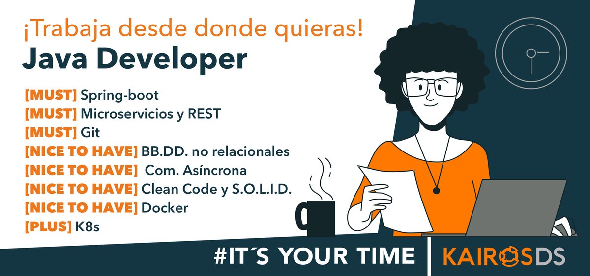 WeAreKairos_'s tweet photo. ¡Ya no necesitas vivir en Madrid para ser parte de nuestro equipo!

Si has trabajado con Java 8/11 y Spring, en entornos con Microservicios y API REST, y eres hábil con Git... ¡te estamos esperando!

Más info📩 talento@kairosds.com https://t.co/wrph3FlgME