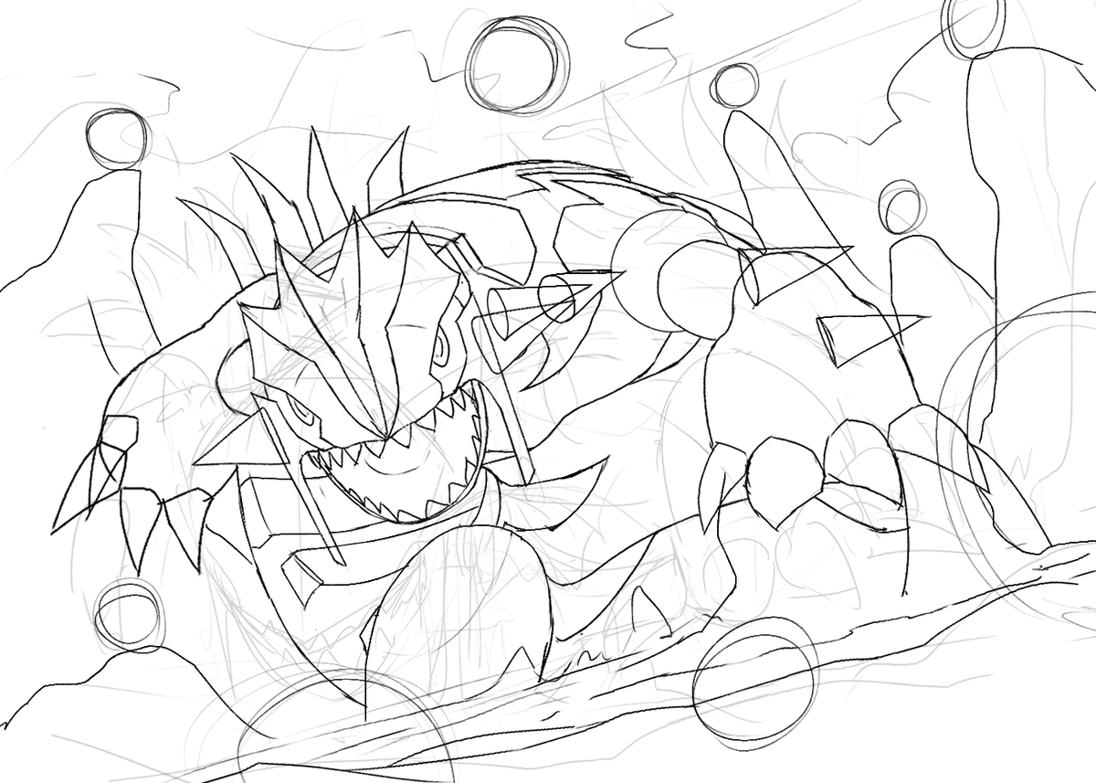 これは進めてたゲンシグラードンが思うようにいかず線画からやり直してる光景 スペアリブの漫画