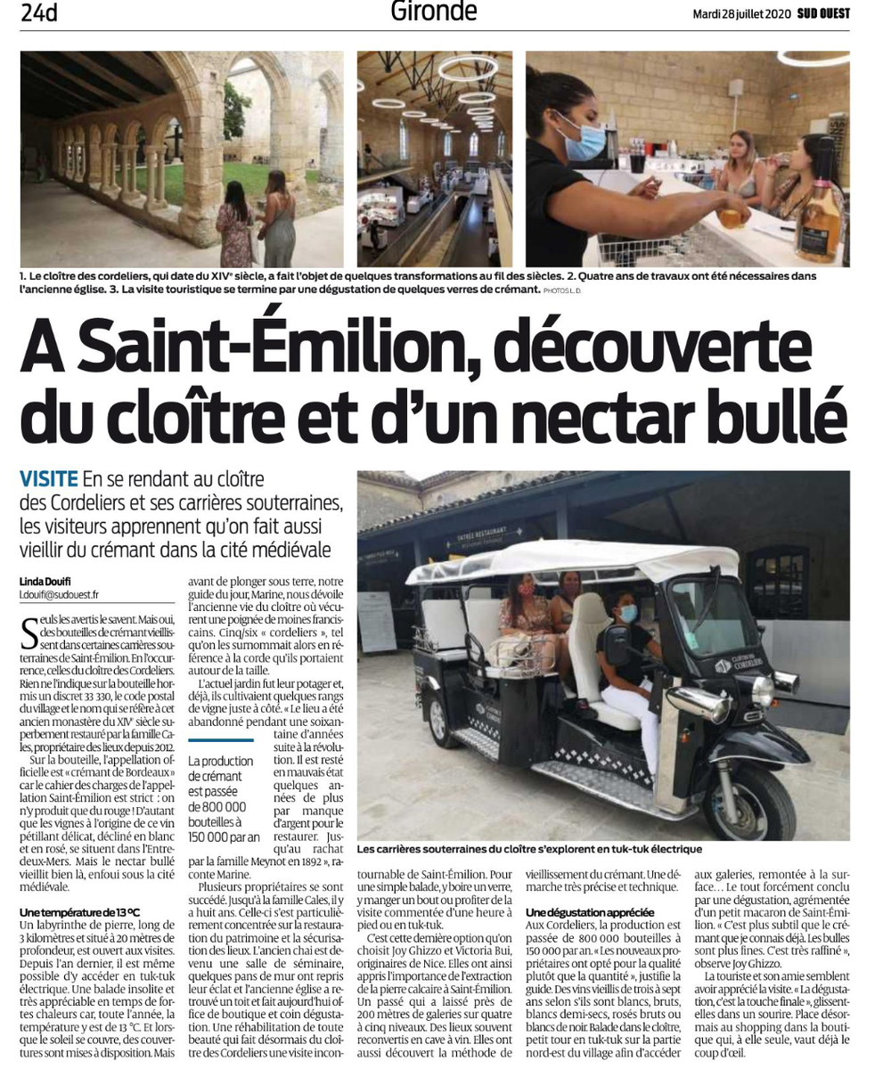 A Saint-Emilion, découverte du cloître et d'un nectar bullé !

VISITE : En se rendant au Cloître des Cordeliers et ses carrières souterraines, les visiteurs apprennent qu'on fait aussi vieillir du crémant dans la cité médiévale....

Source Sud-Ouest