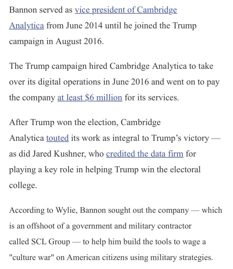 Re. Breitbart/Cambridge Analytica (CA), here’s a short primer on how Bannon solicited CA to help build the tools to wage a "culture war" on Americans using strategies devised by a military contractor.Bannon's priority: Win the culture war — at any cost. https://www.google.com/amp/s/americanindependent.com/cambridge-analytica-christopher-wylie-voter-suppression-testimony-steve-bannon/amp/