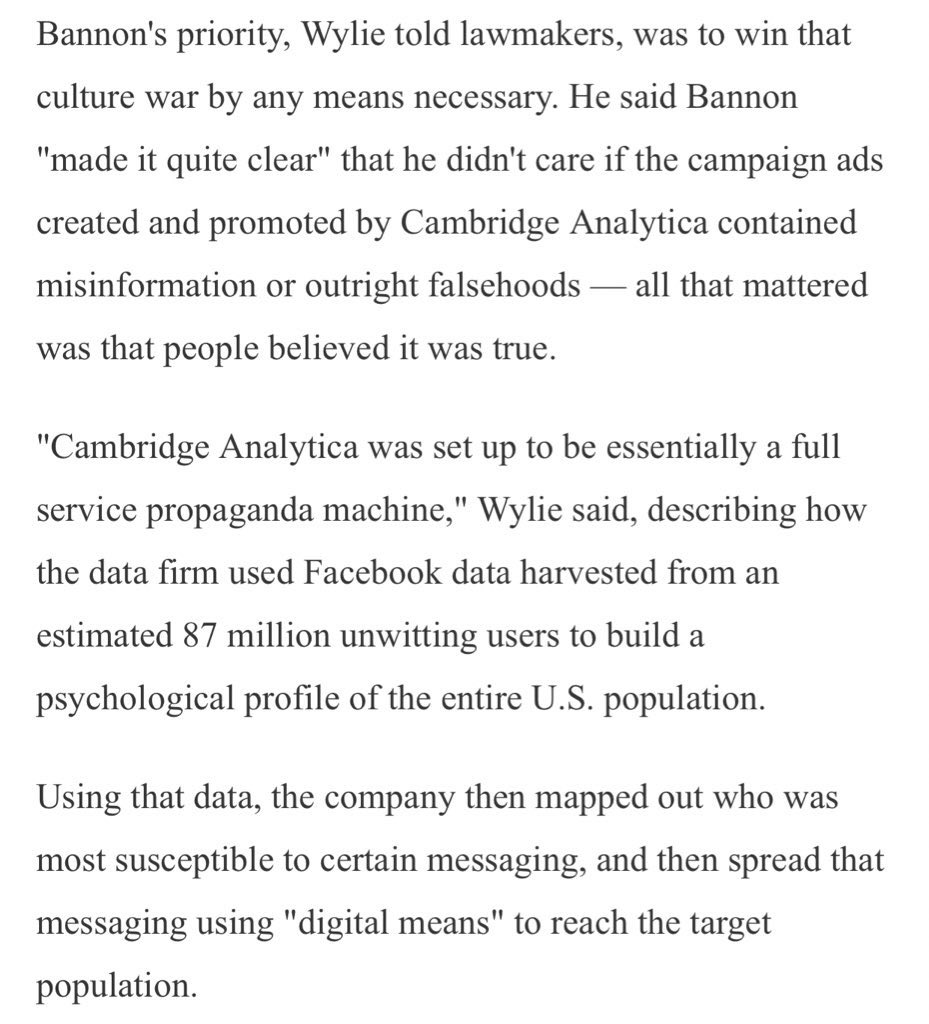 Re. Breitbart/Cambridge Analytica (CA), here’s a short primer on how Bannon solicited CA to help build the tools to wage a "culture war" on Americans using strategies devised by a military contractor.Bannon's priority: Win the culture war — at any cost. https://www.google.com/amp/s/americanindependent.com/cambridge-analytica-christopher-wylie-voter-suppression-testimony-steve-bannon/amp/