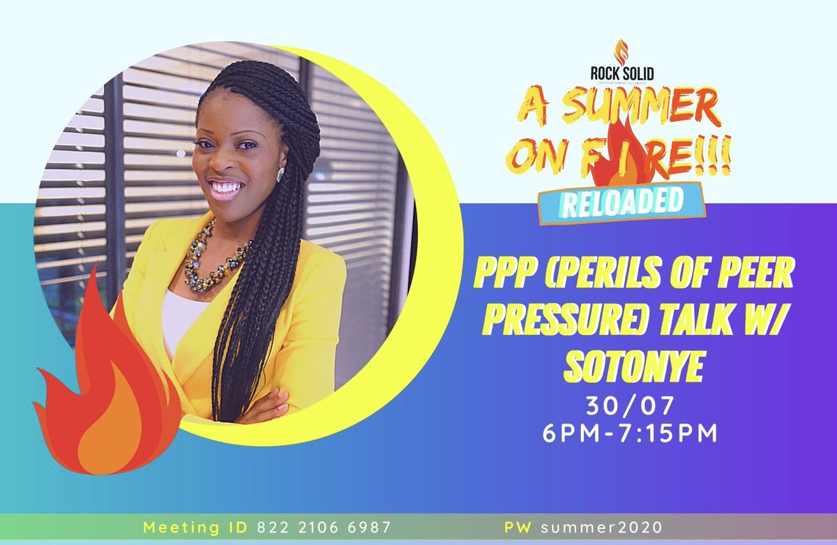 RockSolid_Kent's tweet photo. A Summer on Fire 🔥 🏖 continues tomorrow! Our special guest for the session is Sotonye Deru, Goal Coach and Luxury Wedding Planner, who will be delivering a talk on PPP (Perils of Peer Pressure)!! #asummeronfire #rocksolid #kent #london #medway #queenmary #zoom @RockSolidQM https://t.co/Vjn4XjCeqa