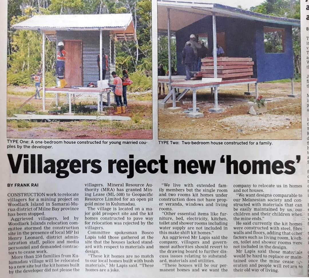 Now, mine developers  @Geopacific_GPR face anger from certain locals unhappy with the replacement houses being offered to relocate ~250 families from Kulimidau Village to make way for an open pit goldmine.
