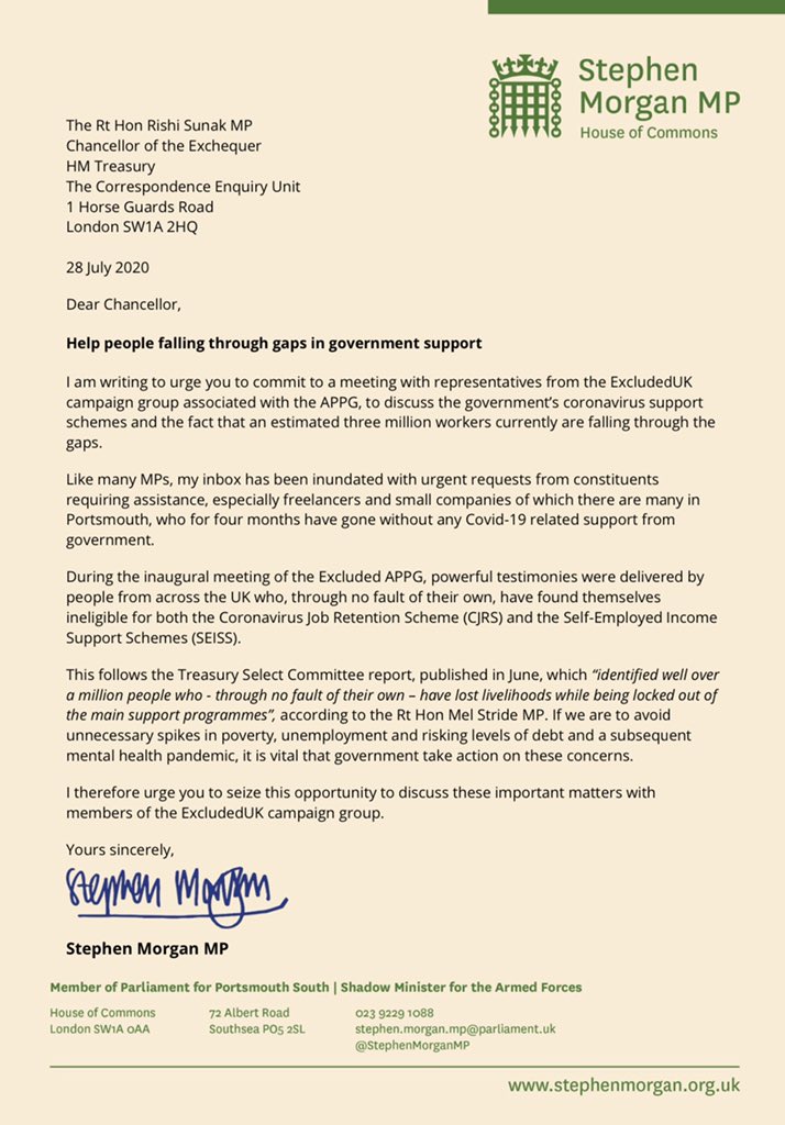Stephen Morgan MP (@stephenmorganmp) on Twitter photo There are many who through no fault of their own, have not qualified for any financial assistance during the coronavirus crisis including new starters, freelancers and limited company directors, to name a few. Working with the <a href="/ExcludedUK/">ExcludedUK</a> APPG I’m calling on the Government to act There are many who through no fault of their own, have not qualified for any financial assistance during the coronavirus crisis including new starters, freelancers and limited company directors, to name a few. Working with the <a href="/ExcludedUK/">ExcludedUK</a> APPG I’m calling on the Government to act
