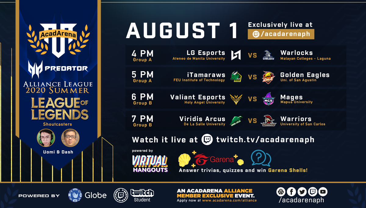 acadarena's tweet photo. It's #Predator Alliance League Summer 2020 LoL Day 2! Watch the campus esports action this Aug 1 live at https://t.co/EU6WpS7S6m
Which team will you support?
#LGEWin or #MCLWin?
#FITWin or #USAWin?
#HAUWin or #MGSWin?
#DLSUWin or #USCWin?
#AcadArena
#GlobePrepaidVirtualHangouts https://t.co/J1KbnjkwH1