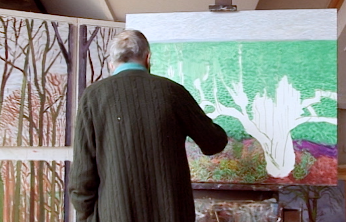 HockneyUnlocked's tweet photo. Some actuality in the attic studio in Bridlington. During a rain-break he returns to an early Spring hedgerow, later titled Looking East. Up on the wall behind is the first of the Woldgate Woods series, in an unfinished state.
https://t.co/D0jjuwGsys #DavidHockney https://t.co/Xwbn4JJyO0