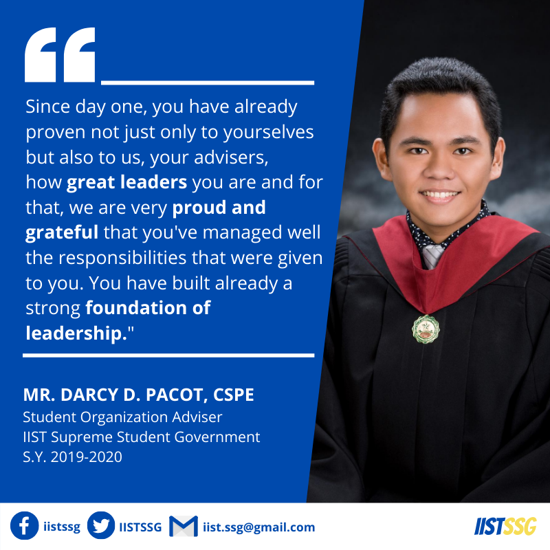 IISTSSG's tweet photo. The advisers of IIST SSG S.Y. 2019-2020 would like to express their heartfelt appreciation to the members of the organization who successfully fulfilled their duties and responsibilities through a shared vision. 

READ full transcript of message here: 
https://t.co/ip1hCiDq9K https://t.co/7gkrGki5lN