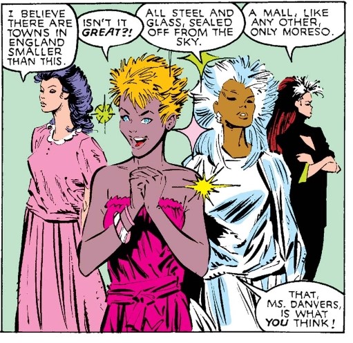 The roster of Psylocke, Dazzler, Storm, and Carol/Rogue (with Jubilee in the wings), offers a spectrum of feminine-presenting characters, each with differing levels of comfort and familiarity with the rituals that Alison (the most effeminate of the team) drags them through. 2/7