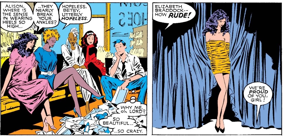 Claremont is careful to call attention to their waning comfort levels, whilst also emphasizing the amount of artifice required to perform this feminine ritual. We see the women get haircuts, clothes, makeup and shoes, all before they’re truly transformed enough to “party.” 3/7