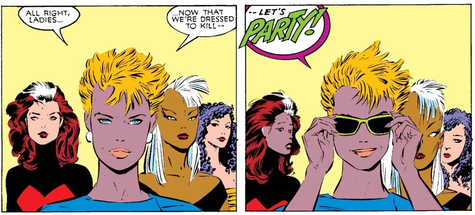 This is much in keeping with the idea of the feminine masquerade (discussed last week re: Betsy), but Claremont is careful not to easily dismiss the rituals his characters are performing, which are never truly undermined, given how much fun they have by playing along. 4/7