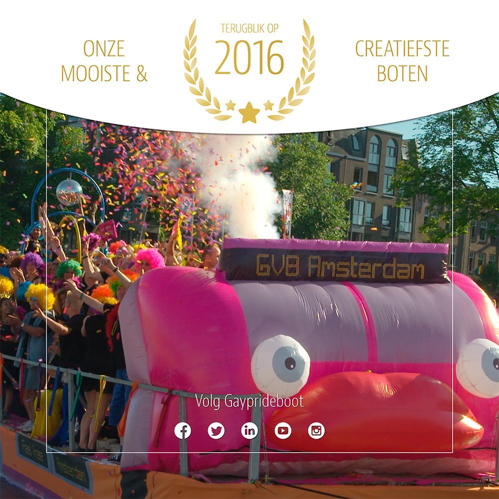 GaypridebootNL's tweet photo. Gayprideboot bestaat dit jaar 10 jaar🎈 We delen onze mooiste &amp; creatiefste boten met jullie. Dit keer een terugblik op 2016👀 In opdracht van @GVB_klanten #terugblik #throwback #gvbamsterdam #gayprideboot #buildingtolerance #10years #10yearsgpb #birthday #canalparade #pride https://t.co/CzKE89huD5