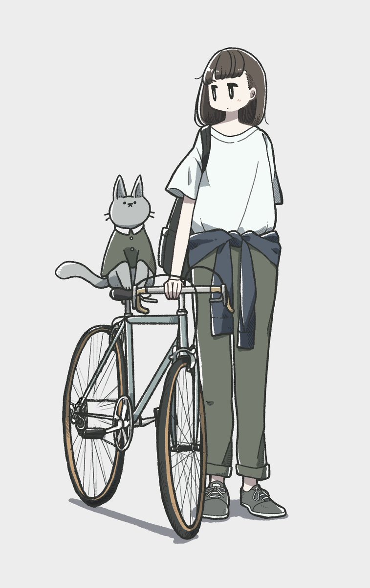 1girl shirt cat clothes around waist ground vehicle bag simple background  illustration images