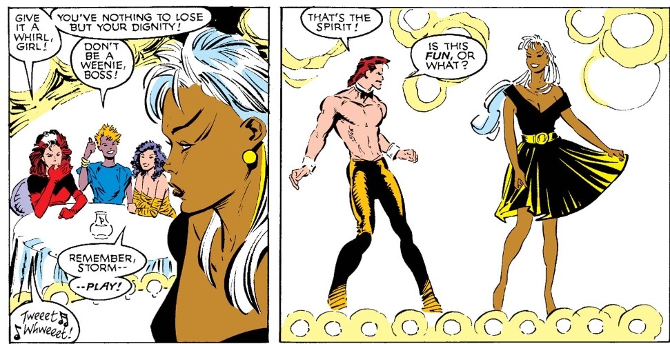 “Ladies Night” could have been read as a straightforward, sexist, “women love shopping” story, but Claremont imbues it with layers of irony and self-awareness that transfigure the issue into an open-ended exploration of gender roles and of women’s participation within.  #xmen 1/7