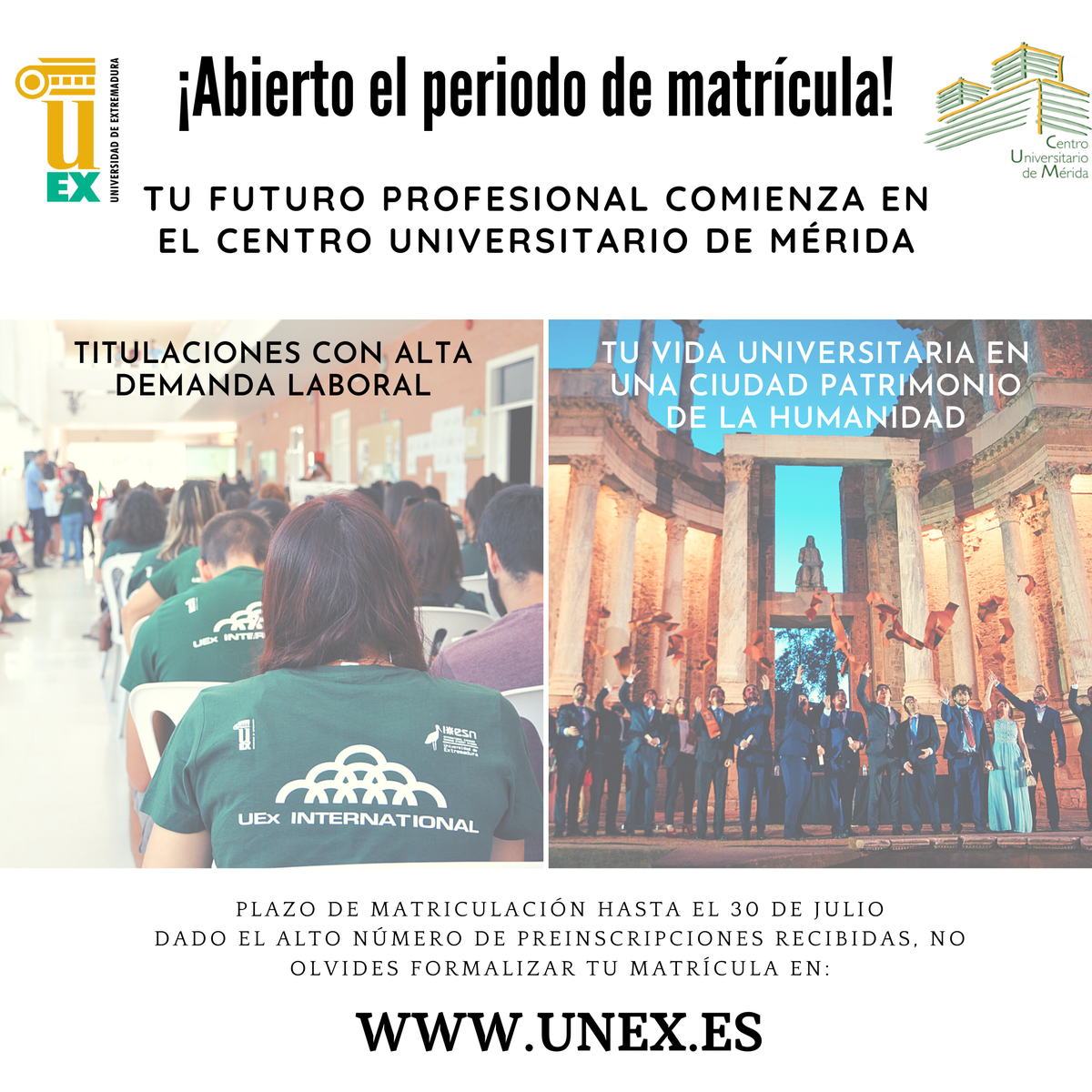 CUMe_UEx's tweet photo. 📢El periodo de matrícula en la @infouex continúa abierto hasta el jueves 30 de julio. Podéis formalizar vuestra matrícula en https://t.co/Dl9STW0vQW. ¡Enhorabuena a todos los admitidos en el @CUMe_UEx! https://t.co/y7AA8gcJfB