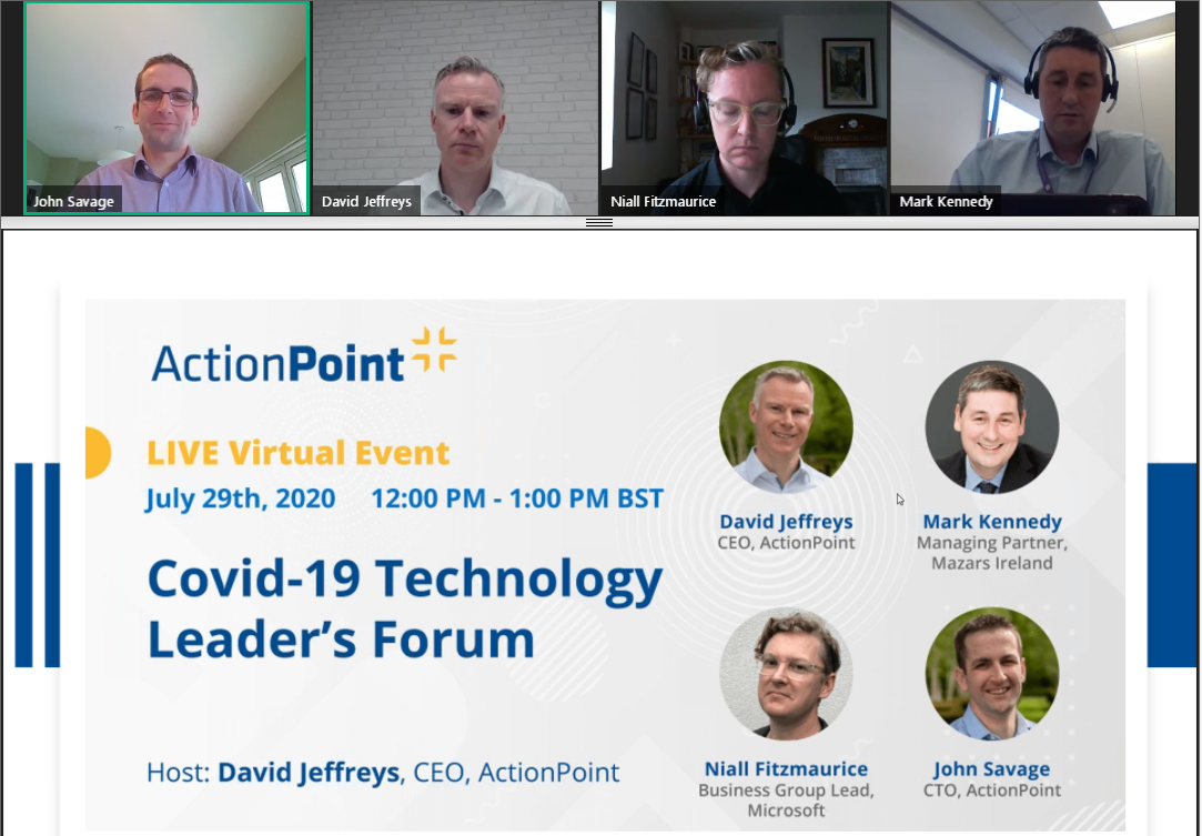 ActionPointTech's tweet photo. Excited to kick off the Covid-19 Technology Forum with @Microsoftirl and @MazarsIreland. We'll be discussing key challenges facing business leaders and provide insights into navigating technology and business strategy. 

#APTechLeadersForum https://t.co/CnJKVjemG9