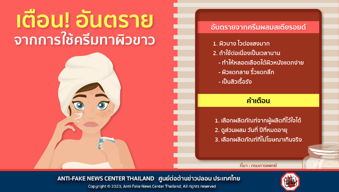AFNCThailand's tweet photo. เตือนภัยอันตรายจากการใช้ครีมทาผิวขาว

อ่านเพิ่มเติมที่ https://t.co/u9GgaeK2W7

#ศูนย์ต่อต้านข่าวปลอม #AntiFakeNewsCenter #AFNCThailand #ครีมผิวขาว #ครีมขาว #เร่งผิวขาว https://t.co/BE2axUbcEi
