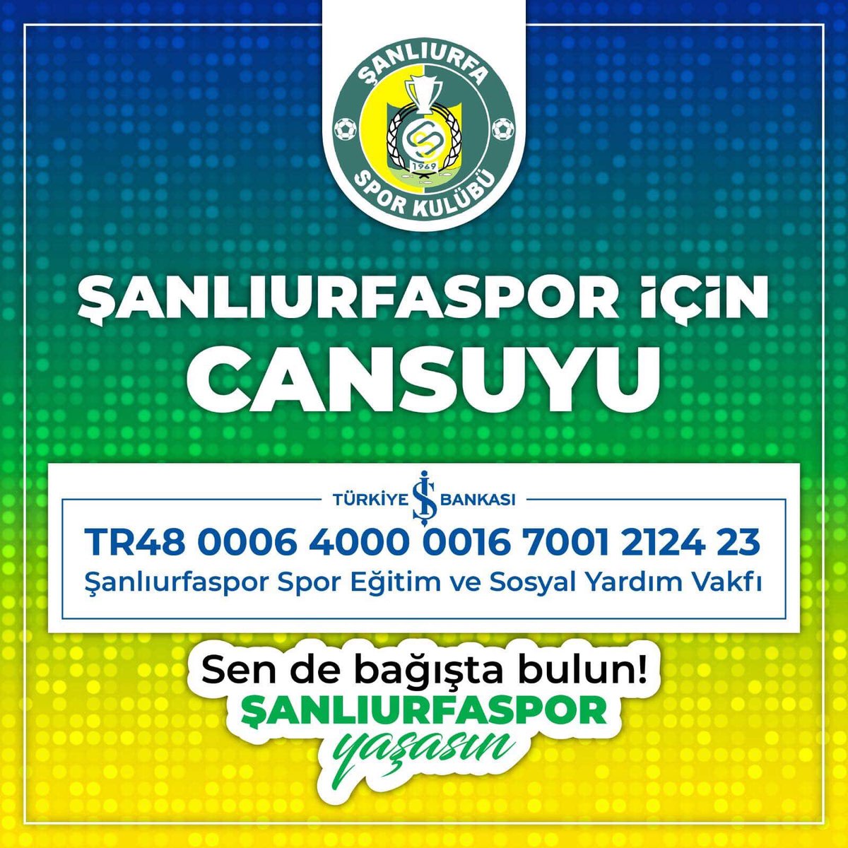 Şanlıurfaspora destek kampanyası devam ediyor..Gösterilen ilgiye çok teşekkür ediyorum..Bu twiti Rt ederek bize destek olabilirsiniz ..<a href="/halilhktnkcmz/">Halil HAKTANKAÇMAZ 🇹🇷</a> <a href="/buyukfirat63/">Mehmet Büyükfırat 🇹🇷</a> <a href="/Sanliurfaspor/">Kızılkaya Tarım Şanlıurfaspor</a> <a href="/zabeyazgul/">Zeynel Abidin BEYAZGÜL</a> <a href="/byildiz63/">Bahattin Yıldız 🇹🇷</a> <a href="/mahmutbarut/">Mahmut BARUT 🇹🇷</a> @gtvkenanbayuk <a href="/kemalst6333/">KEMAL SÜT</a> <a href="/KemalKa55079317/">Kemal Kaya</a> <a href="/Abdullah_Erin47/">Abdullah ERİN</a>
