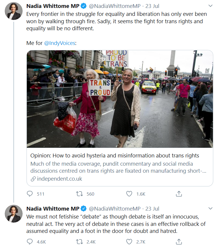 MP Nadia Whittome states that to debate issues around trans rights is a “foot in the door for doubt and hatred”.