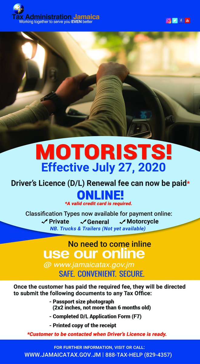 JamaicaTax's tweet photo. #DriversLicenceRenewalONLINE now you can pay the renewal fee online, it's #ClickAButtonConvenience at your finger tips. Get started with an eAccount & valid credit card, drop off documents & we'll do the rest #ChangingTheWayWeDoBusiness @Bertitude @RoadSafetyJA @TIU_Jamaica https://t.co/pg39guaEv1