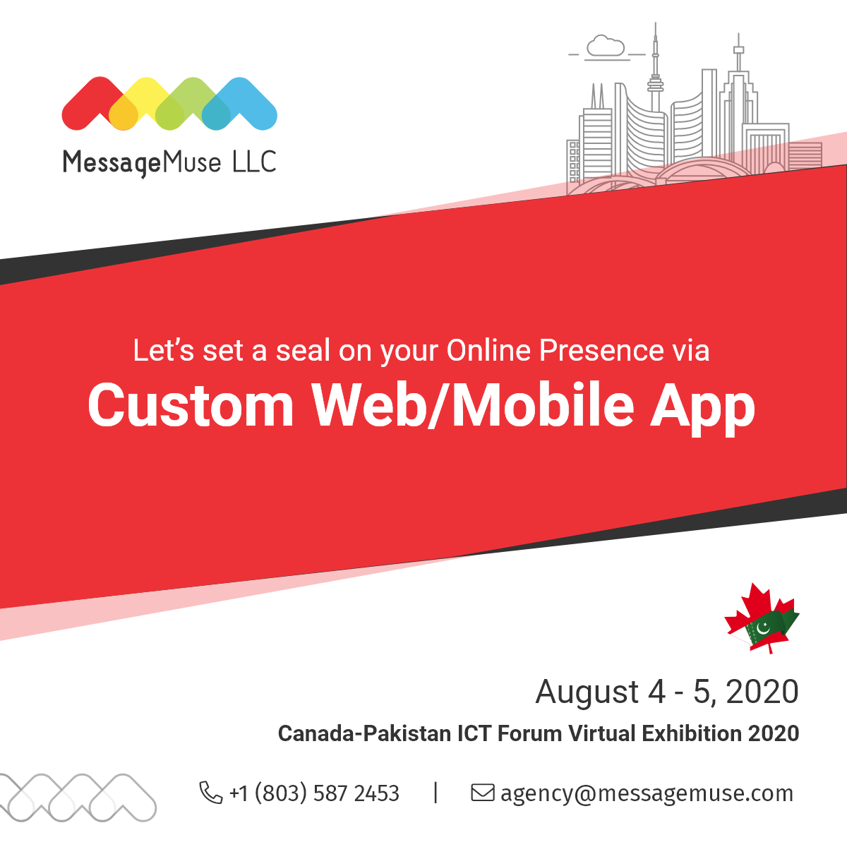 MessageMuse's tweet photo. Indulge with our virtual exhibition to create a professional Web/Mobile App that offers coherent experiences online and offline. Mark 4th & 5th of August.
https://t.co/BGzKy0o9hH
#MessageMuse #Canada #Pakistan #ICT #Forum2020 #MobileApp #WebDevelopment #ITServices #AppDevelopment https://t.co/FBuDLE6w9z