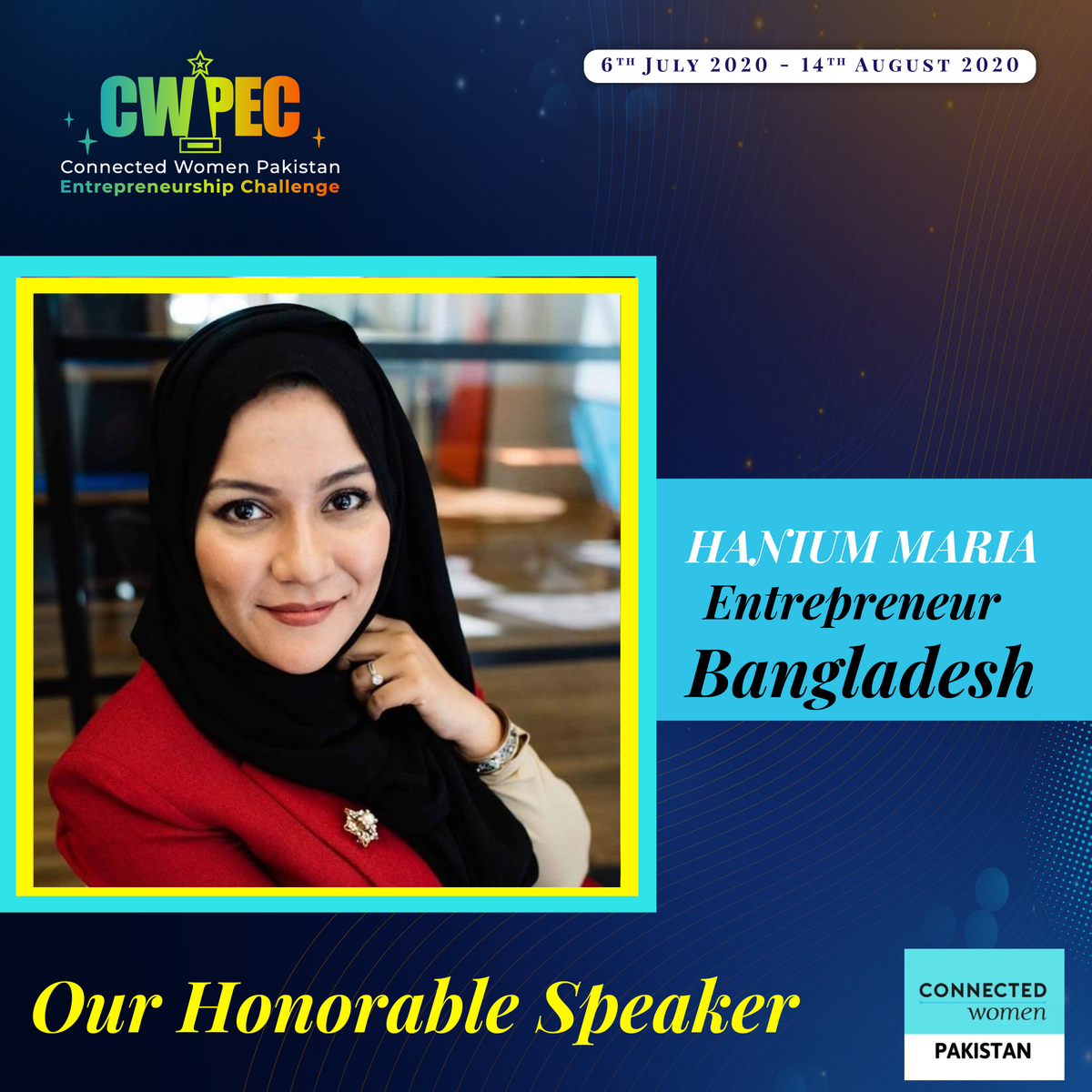 pakistan_women's tweet photo. Introducing our honorable speaker- Hanium Maria Chowdhury! She is the CEO and Founder of Tahoor Studio in Bangladesh. She started her business in 2012 from home and now has 10 sales outlet!

https://t.co/qQO7ZbI4ff

#CWPK #CWPEC #womencando https://t.co/dvmTy2tmsb