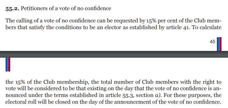 Pour ceux qui demandent la source, voici l'article 55.2 des statuts du Barça concernant une motion : "La convocation d'un vote de défiance peut être demandée par 15% des membres du Club qui remplissent les conditions pour être électeur telles qu'établies à l'article 41."