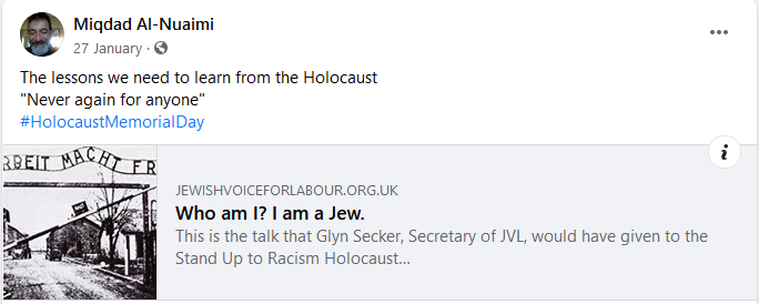 In January, the Labour-run Tower Hamlets council cancelled a venue booking for a “Stand Up To Racism” event featuring Glyn Secker, a highly controversial figure in Jewish Voice for Labour. Al-Nuaimi responded by promoting the speech Secker planned for the event. 5/9