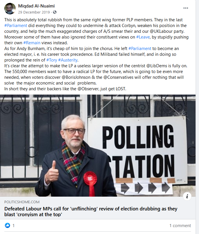 How's this for a reaction to defeat in last year's general election? Attack "right wing" Labour MPs and "the much exaggerated charges of antisemitism", which were a "smear". 6/9