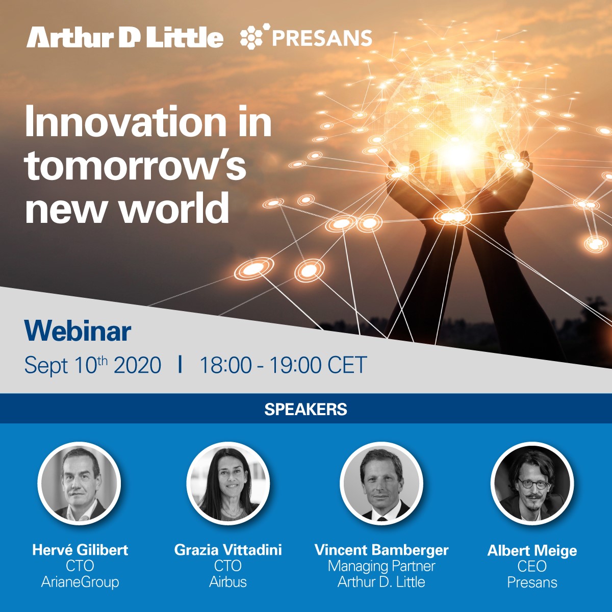 Upcoming webinar | 10th Sept | 6:00 – 7:00PM CET | Innovation in tomorrow’s new world

Join us on Thursday, 10th September where we will be discussing #innovation in a post #COVID19 world with <a href="/Airbus/">Airbus</a>, <a href="/ArianeGroup/">ArianeGroup</a> &amp; @presans.  

Register here: bit.ly/3jPL062

#aerospace