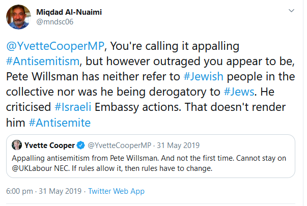 Lash out at Yvette Cooper too. When she called Pete Willsman on his "appalling antisemitism", al-Nuaimi rushed to defend Willsman. 7/9
