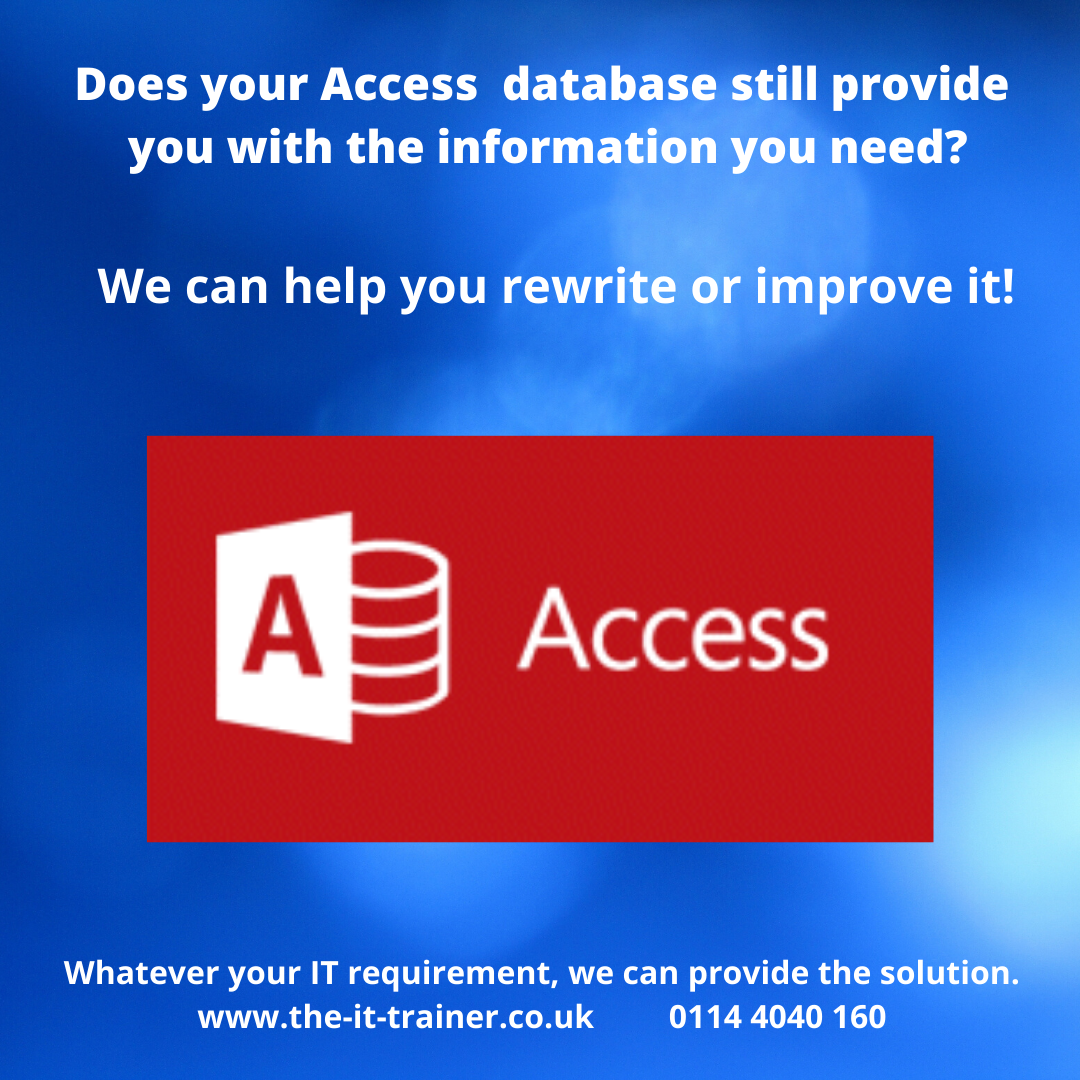 The_IT_Trainer's tweet photo. Does your #Access database still provide you with the information you need?
@The_IT_Trainer can help you to rewrite or improve it! ���
Find out more: https://t.co/7nA46uB1r3
#MicrosoftAccess #Microsoft #ITTraining #TheITTrainer #ATsocialMedia https://t.co/yD6qqbILVU