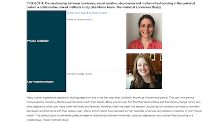 UCL_Loneliness's tweet photo. Delighted to fund @billie_lt and Angela Sweeney to carry out their research project Mums Alone: The Perinatal Loneliness Study! https://t.co/b18gt5uL1i #loneliness #mentalhealth https://t.co/Ad3dO2LgCR