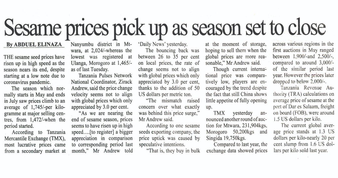 SCL_Commodities's tweet image. Sesame prices pick up as season set to close

At ⁦@dailynewstz⁩ today | pg.19
⁦@AbduelE⁩