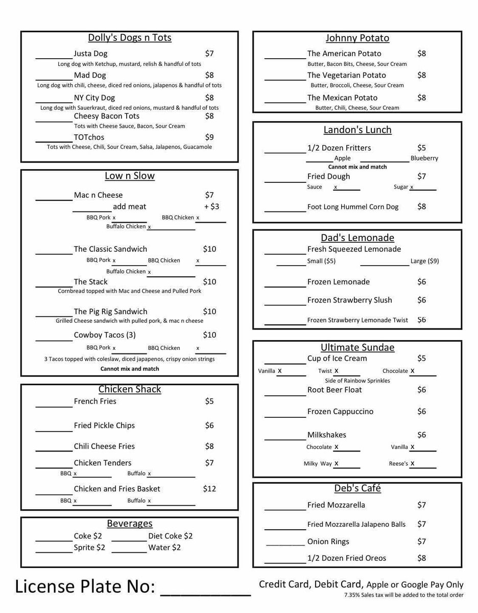 Menu for this weekends Food Truck Drive-Thru festival at the Goshen Fairgrounds this Saturday and Sunday August 1&amp;2 11am-6pm both days. Tailgating welcome.
Come have some delicious fair food and support two great organizations. Brooker Memorial and St. Maron Church.