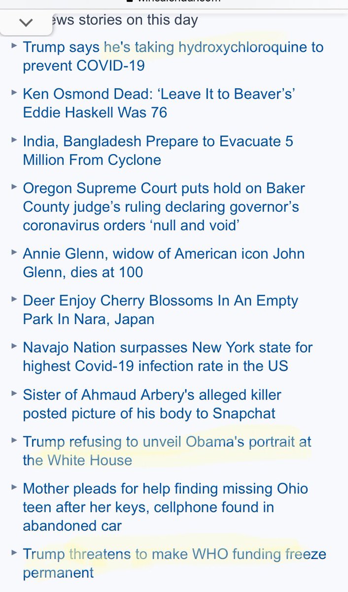 20) a slammed economy, country closed, schools closed, record job loss, the promise of deaths in the hundreds of thousands... then, on May 4, we were told “killer hornets” were coming....Like the ones in The Hunger Games? By May 19, Trump was still...being Trump