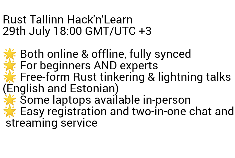 RustTallinn's tweet photo. 💥Last chance to RSVP💥

📅Hack'n'Learn is happening TODAY at 18:00

🔎Everyone who's registered will receive their email with further info and links to our two-in-one event chatroom &amp; streaming service today 

👉RSVP here:
https://t.co/toZynCdlDw https://t.co/Hp2WKeA3CV