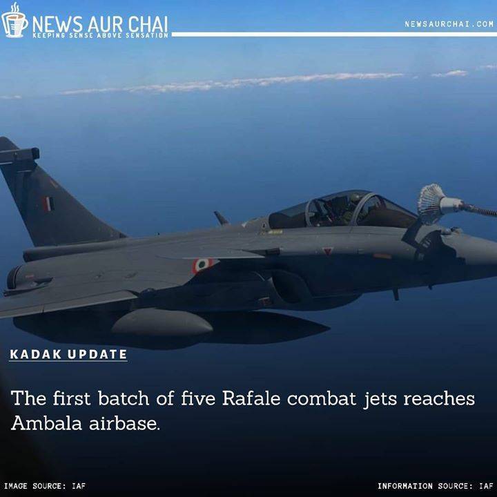 NewsAurChai's tweet photo. The first five of a batch of French Rafale fighter jets arrive at Haryana's Ambala air base after covering a distance of nearly 7,000 km to join the Indian Air Force fleet.
--
#NACKadakUpdate #News #France #Deal #NAC #MinistryOfDefence #AmbalaAirBase 

 @IAF_MCC @rajnathsingh https://t.co/wyiHiZce3I