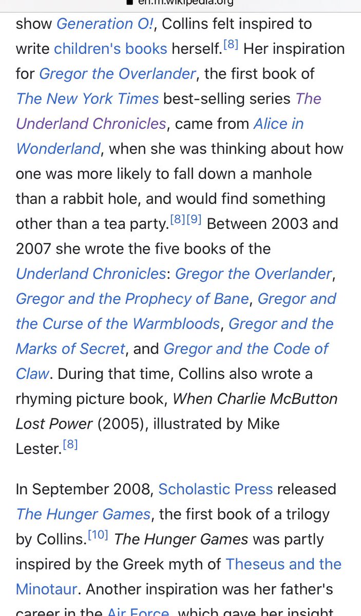 3) The author, Suzanne Collins, has one of those ‘immediately successful’ writer bios that makes you search for the asterisk in the story. The first book series she did sounds like a MK Ultra nightmare sponsored by rats, complete w/a reference to A in W for her idea: