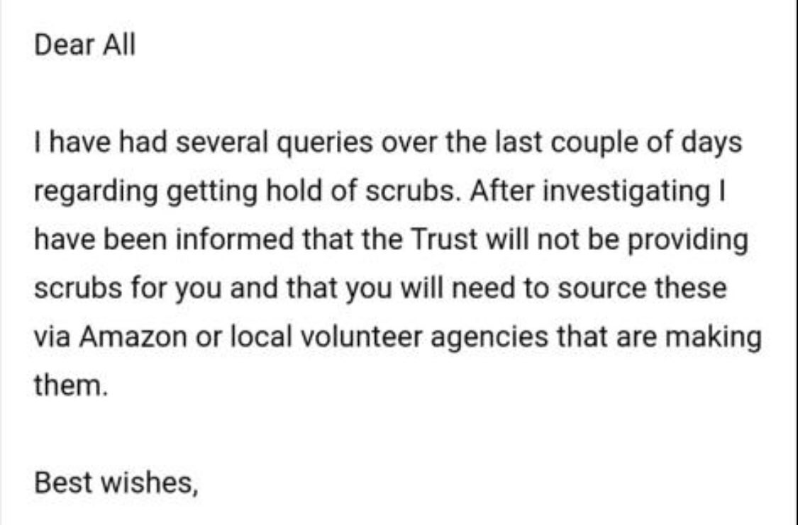 Dear new F1 doctors,

You’ve received lots of claps recently so you can all afford to buy your own uniforms now. 

Best wishes

Your new NHS Employer