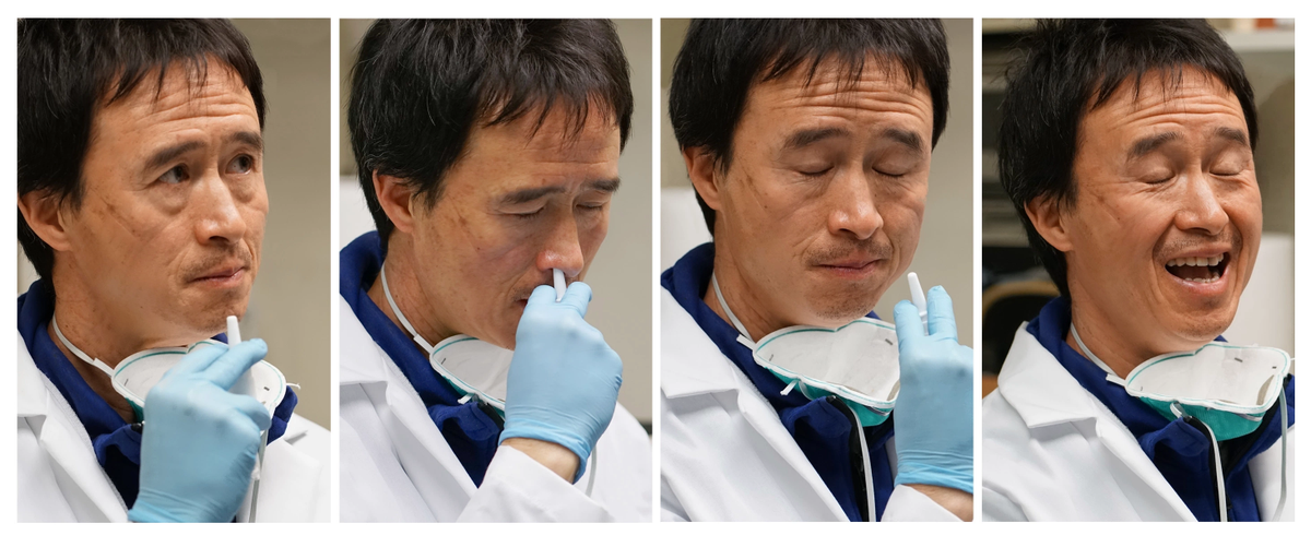 The tale of the DIY vaccine does underscore that there is official biotech, but also many people who can create and use things outside the system. I thought this sequence of photos of Don Wang (who trained at Harvard) sniffing the vaccine captured that.