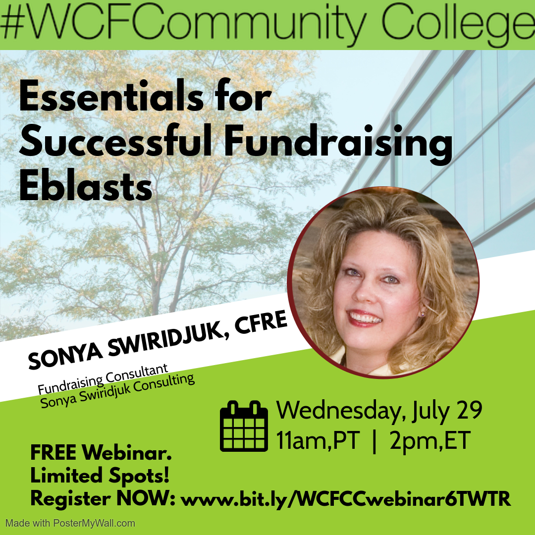 DavidKravinchuk's tweet photo. Don't miss @SonyaSwiridjuk's #WCFCommunityCollege webinar: Essentials for Successful Fundraising Eblasts. TODAY! 11am, PT (2pm, ET) FREE but limited space. Register: https://t.co/YHq0KwagU7. Eligible for @CFRE_INTL CE pts https://t.co/OEcGK8mVbk