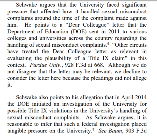 Opinion begins by noting outside pressure--Dear Colleague letter, OCR investigation--though notes that pleading error by acc'd student's former counsel precludes it from considering the former issue.