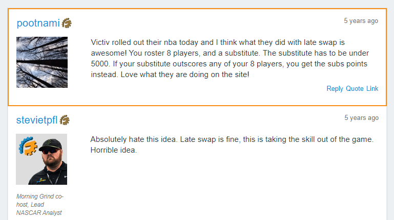 7/ We tried to rethink the game & appeal to the widest range of players. Driven by  @therotoquant  @primxo, we changed how NBA, PGA & MLB played. Some hated it ( @stevietpfl), others loved it ( @dan_back ), but on the whole, we just wanted to make the game sustainable long-term.
