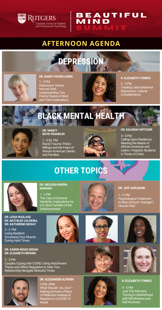 RutgersGSAPP's tweet photo. Just under an hour until the start of our #BeautifulMindSummit Afternoon Session! Presentations will cover topics on #Depression, #ChronicPain, #BlackMentalHealth, #CoupleTherapy, and more!
✔️To register: https://t.co/BdaIdqSXLn
✔️Enter the platform: https://t.co/e6fDjAzwrq https://t.co/SXzZVgD3DN